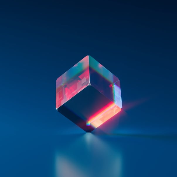 tridimensional cube in red translucent color